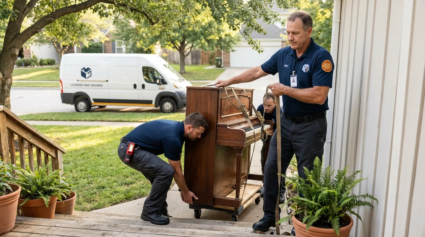 Licensed piano movers securing grand piano in Chatsworth, CA