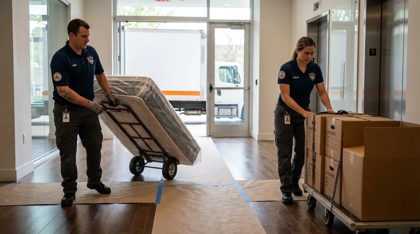 Professional apartment movers loading elevator in Chatsworth, CA